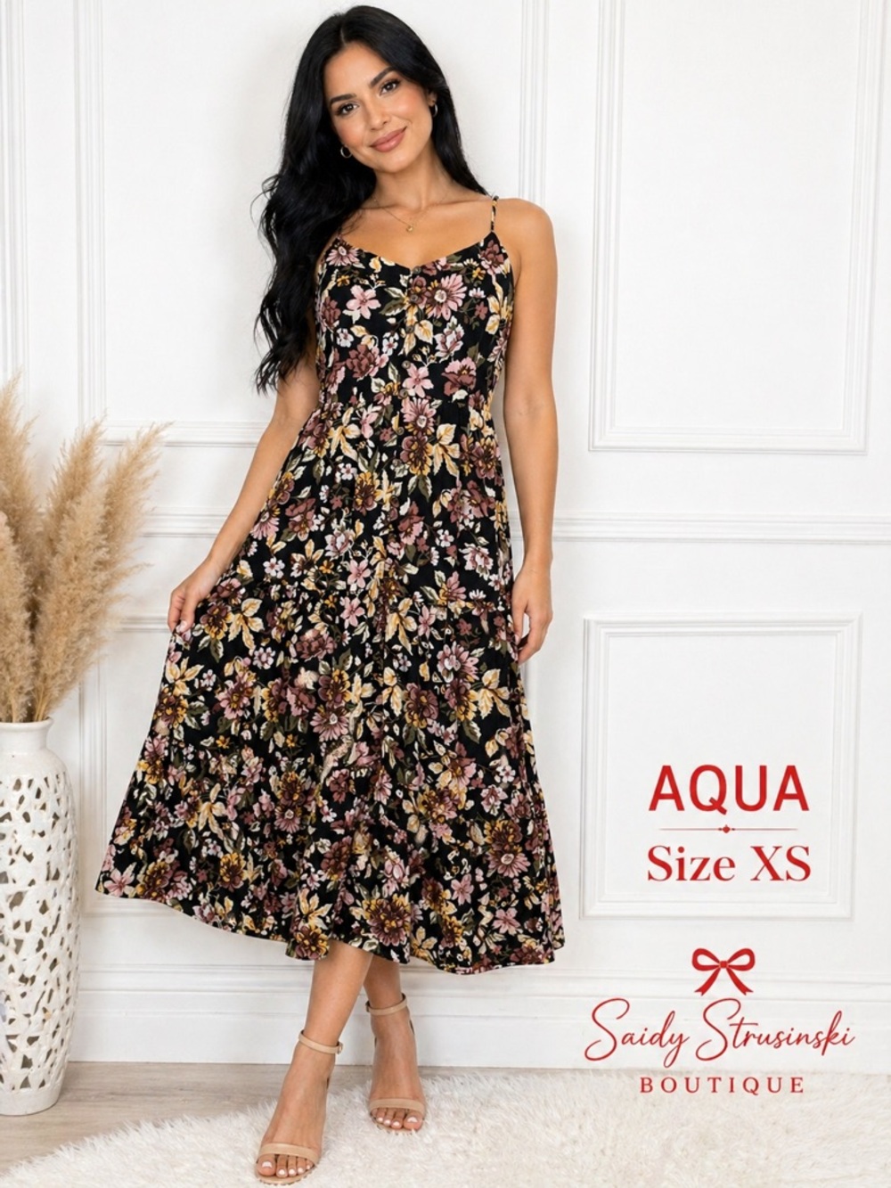AQUA Floral Midi Dress XS Black Pink Boho Button Front Sleeveless feminine